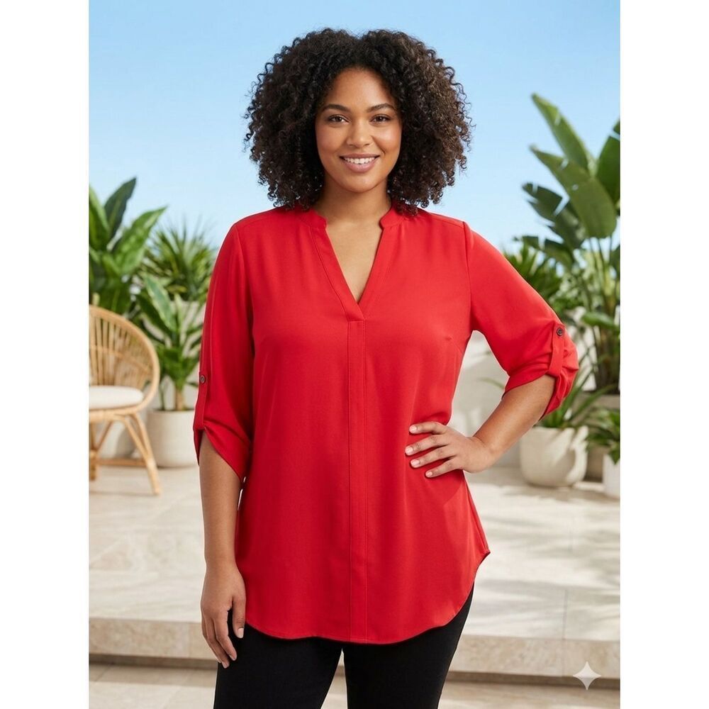 Take 50% OFF- GB Women’s Red Split-Neck Roll-Sleeve Blouse, Size-S